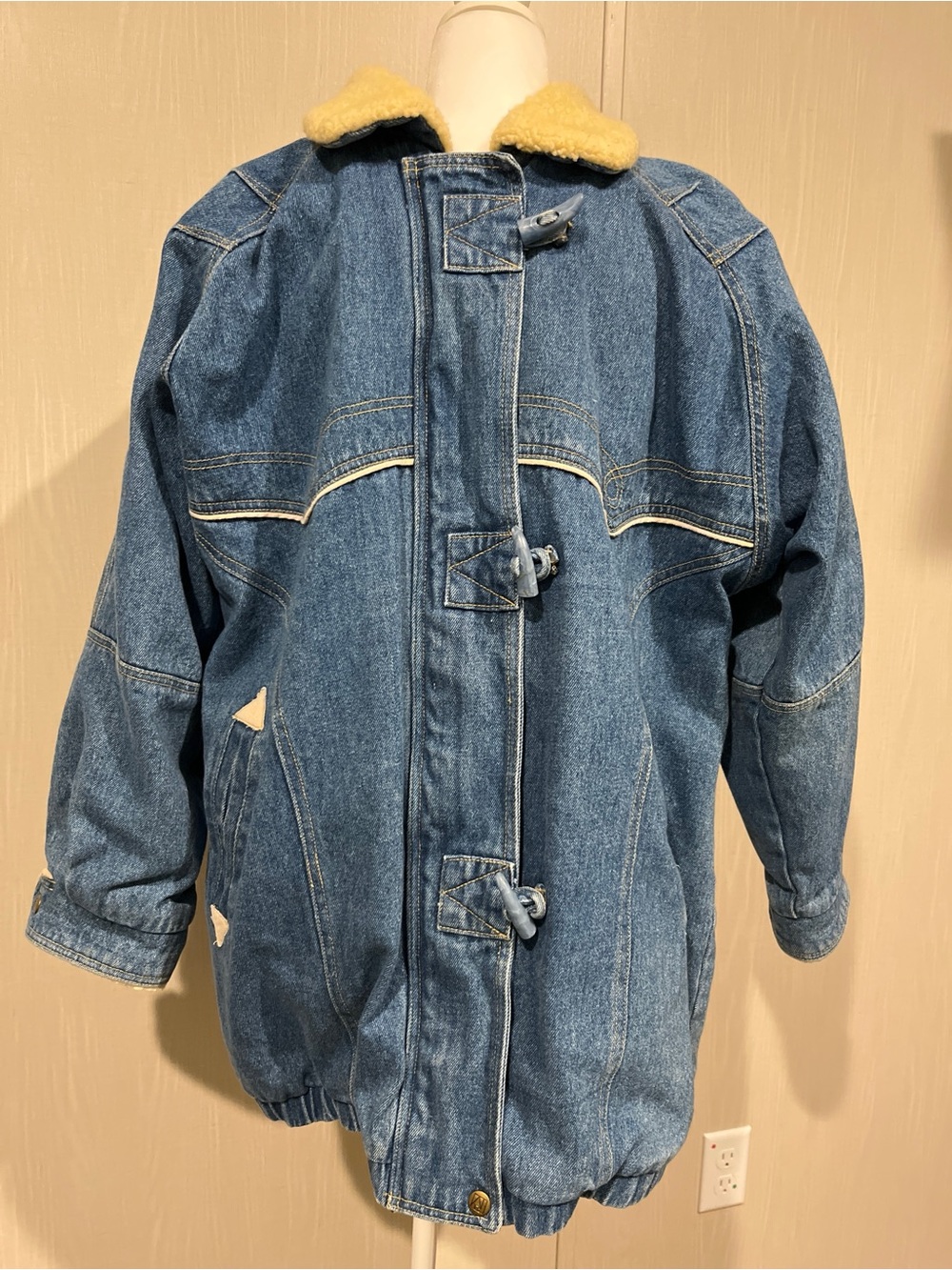 Vintage 80s Andy Johns Sport Denim Toggle Jacket Sherpa Collar, Women's Small